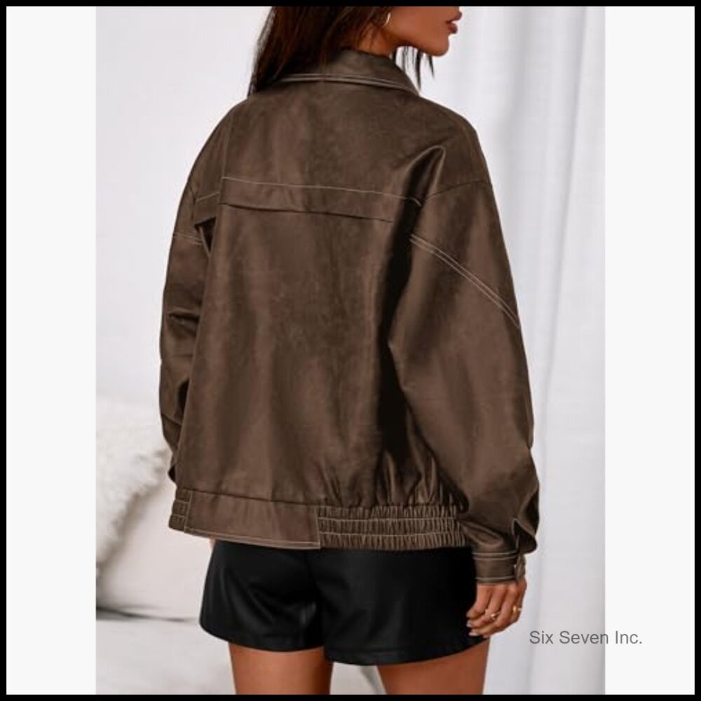 Faux Leather Bomber Jacket Women Oversized Moto Biker Zip Up - Picture 4 of 7